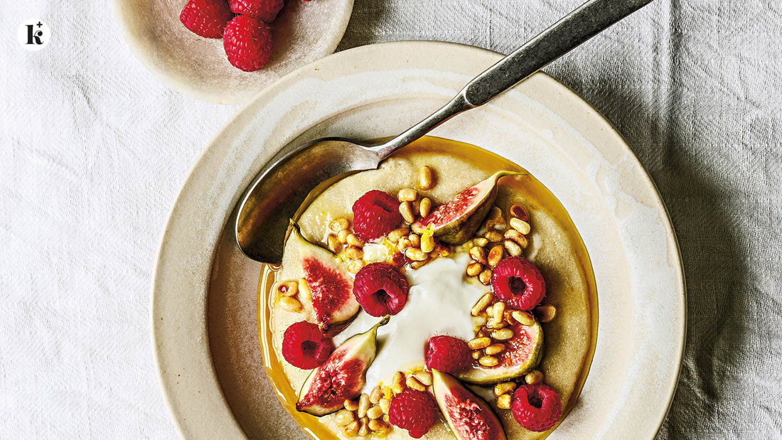 Mannagrynsgröt med fikon, hallon & pinjenötter i citronhonung